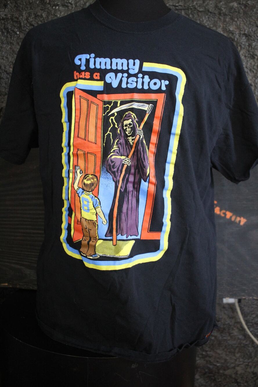 Steven Rhodes Timmy Has A Visitor Mens Large Black Grim Reaper Graphic T Shirt